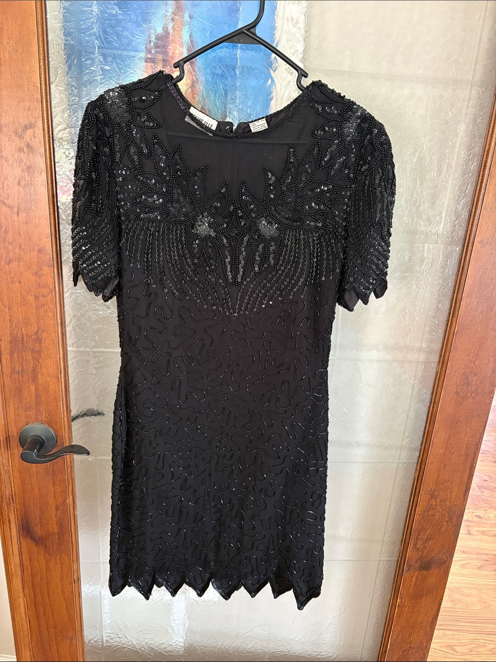 Black Beaded Short Mini Dress with Scalloped Hem